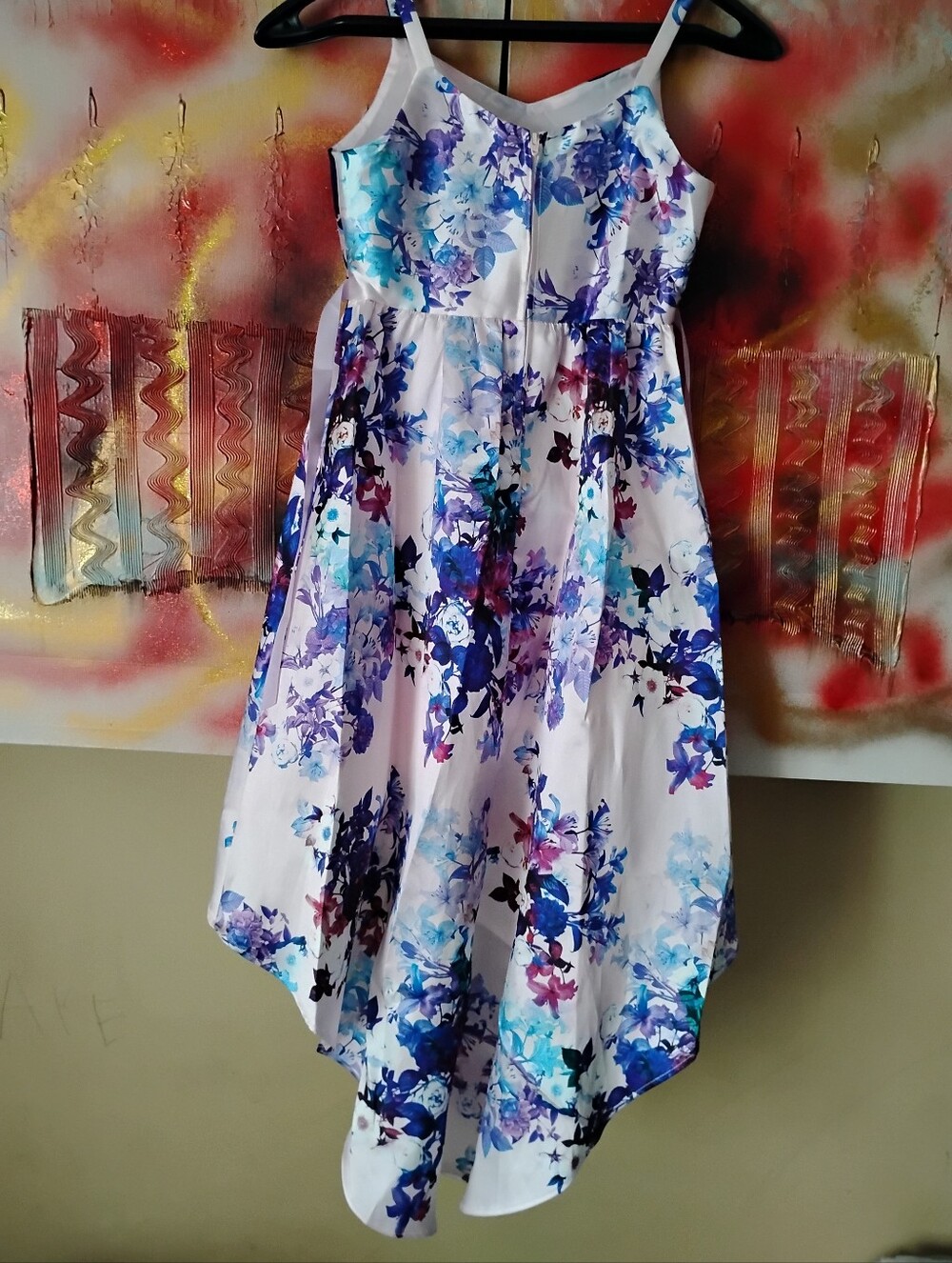 Emily Rose White Floral High-Low Dress with Purple and Blue Blooms - Picture 4 of 10